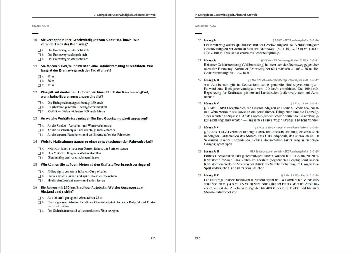 Buchseite: Geschwindigkeit & Abstand — Theorie-Prüfungsfragen