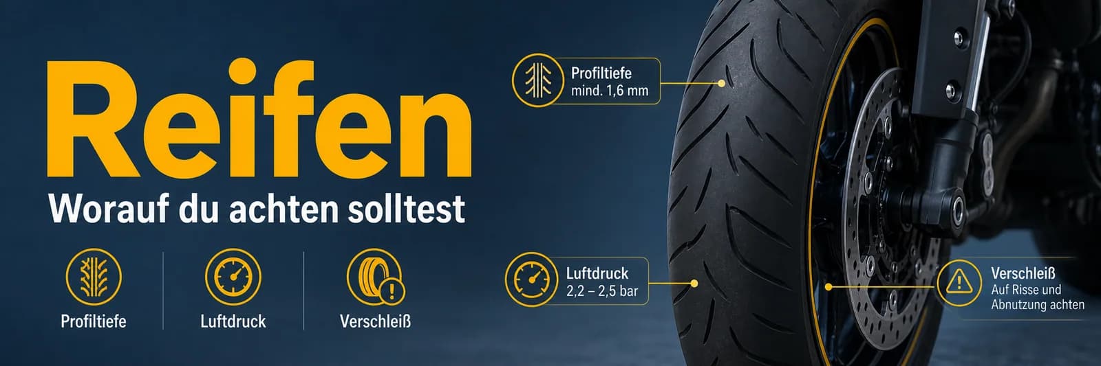 Reifen — worauf du achten solltest: Profiltiefe mind. 1,6 mm, Luftdruck 2,2–2,5 bar, Verschleiß auf Rissen und Abnutzung