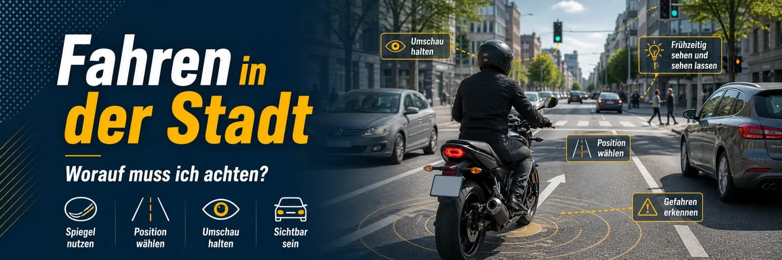 Fahren in der Stadt: Spiegel nutzen, Position wählen, Umschau halten, sichtbar sein — Gefahren erkennen