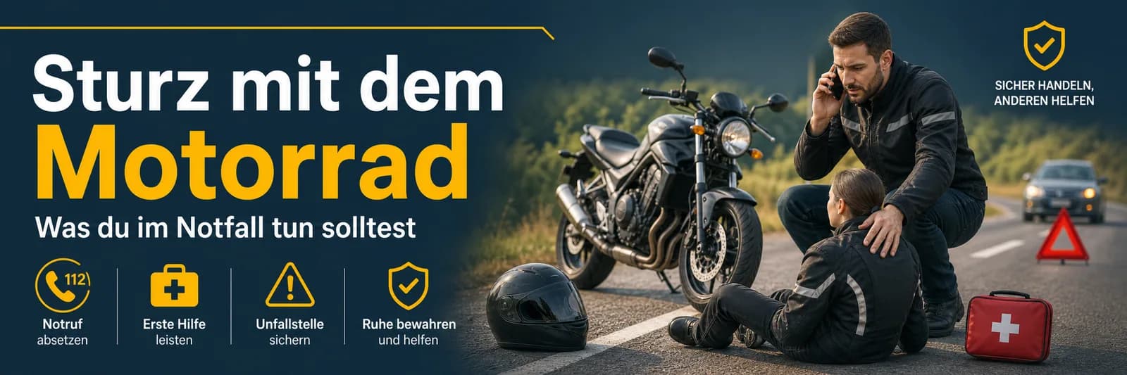 Sturz mit dem Motorrad — was du im Notfall tun solltest: Notruf absetzen, Erste Hilfe leisten, Unfallstelle sichern, Ruhe bewahren