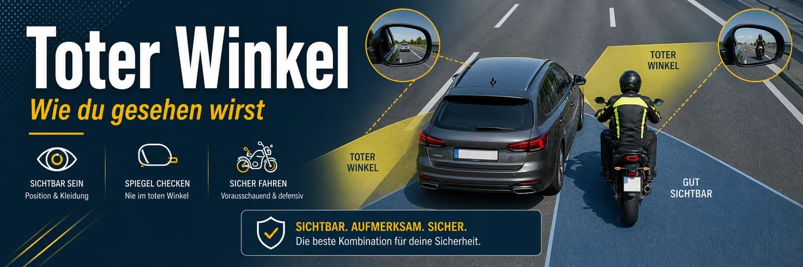 Toter Winkel — wie du gesehen wirst: sichtbar sein, Spiegel checken, sicher fahren