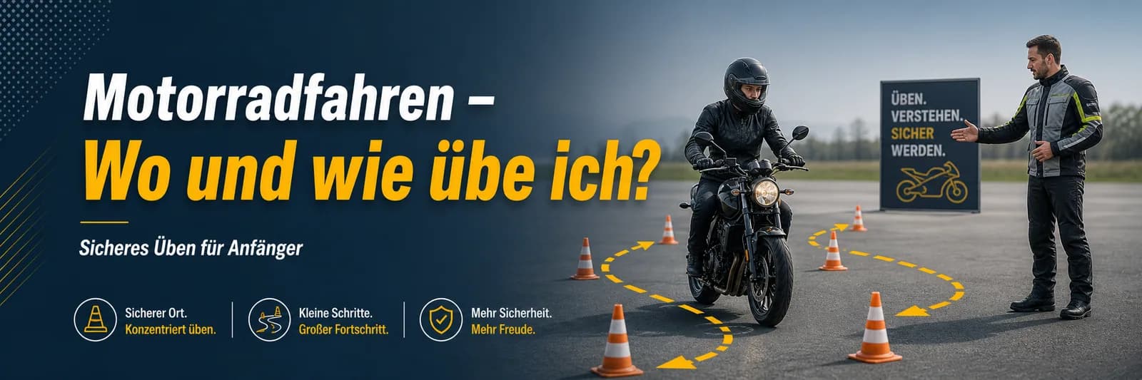 Motorradfahren — Wo und wie übe ich? Sicheres Üben für Anfänger: sicherer Ort, kleine Schritte, mehr Freude