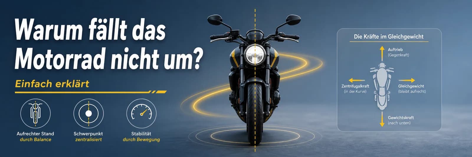Warum fällt das Motorrad nicht um? Kräfte im Gleichgewicht — Auftrieb, Zentrifugalkraft, Gleitkraft, Gewichtskraft