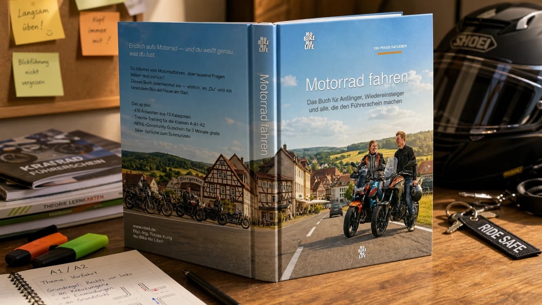 Das gedruckte Buch „Motorrad fahren“ auf einem Schreibtisch neben Helm und Lernunterlagen – Bild mit KI erstellt