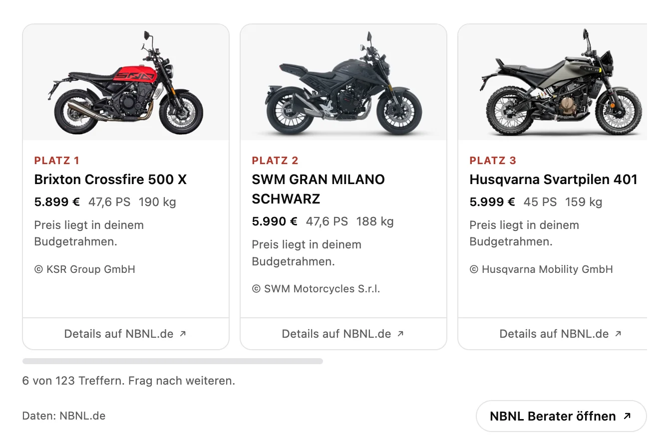 Drei Motorrad-Karten nebeneinander im Chat: Brixton Crossfire 500 X, SWM Gran Milano und Husqvarna Svartpilen 401, je mit Foto, Platzierung, Preis, Leistung und Gewicht.
