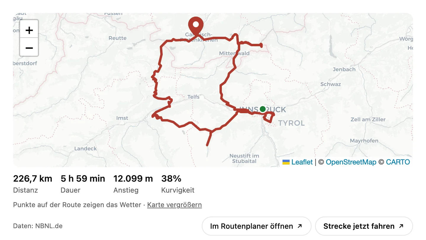 Rundtour ab Garmisch-Partenkirchen auf einer Karte, darunter 226,7 km Distanz, 5 h 59 min Dauer, 12.099 m Anstieg und 38 Prozent Kurvigkeit.