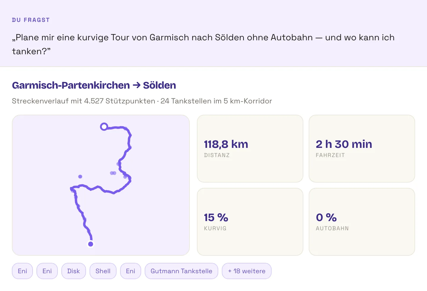 Geplante Motorradroute von Garmisch-Partenkirchen nach Sölden als Linienzug mit eingezeichneten Tankstellen, darunter 118,8 km Distanz, 2 Stunden 30 Minuten Fahrzeit, 15 Prozent kurviger Anteil und 0 Prozent Autobahn. 24 Tankstellen im 5-Kilometer-Korridor.