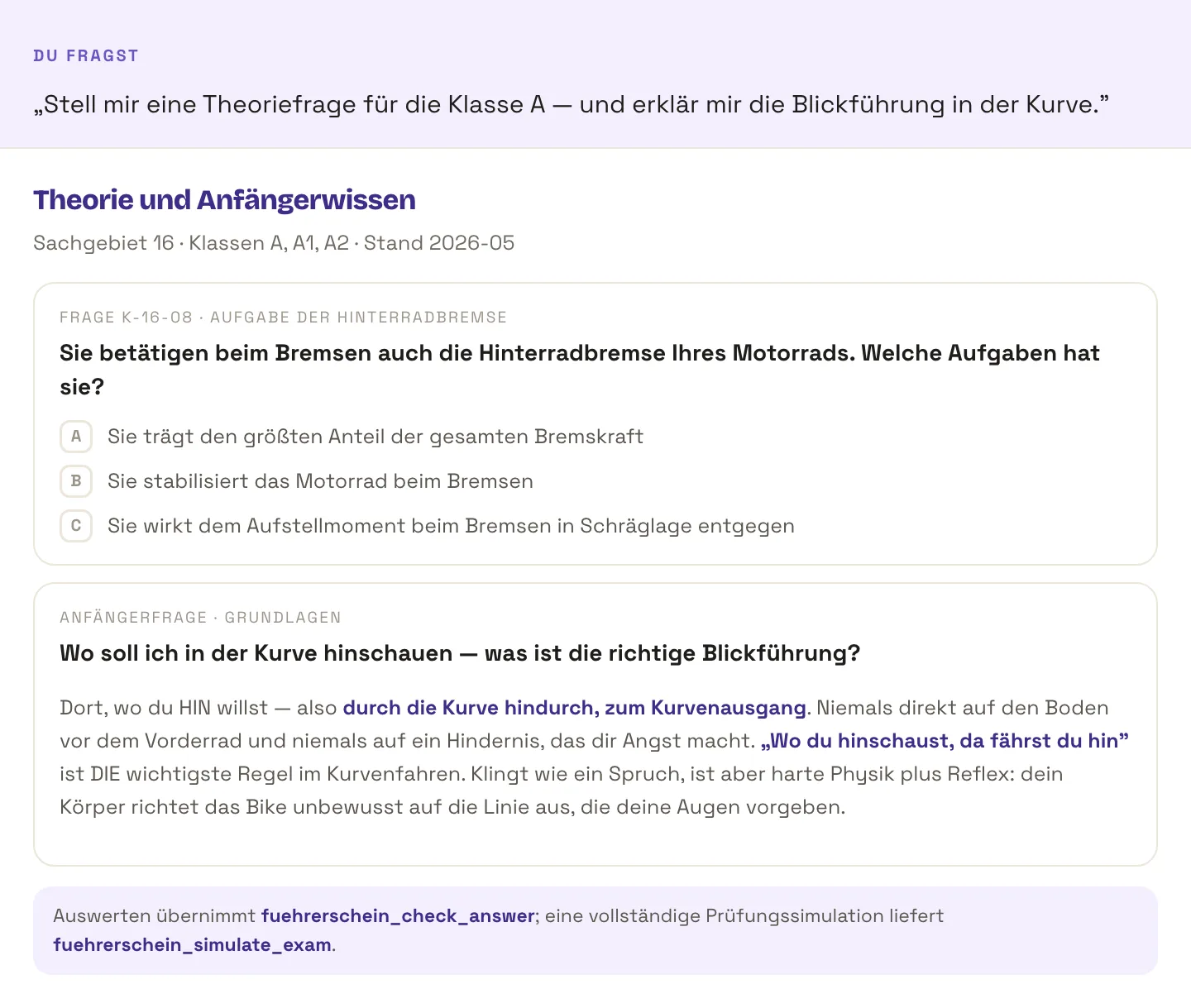 Theoriefrage K-16-08 aus Sachgebiet 16 für die Klassen A, A1 und A2 zur Aufgabe der Hinterradbremse mit drei Antwortmöglichkeiten, darunter die Anfängerfrage zur richtigen Blickführung in der Kurve mit ausformulierter Antwort.